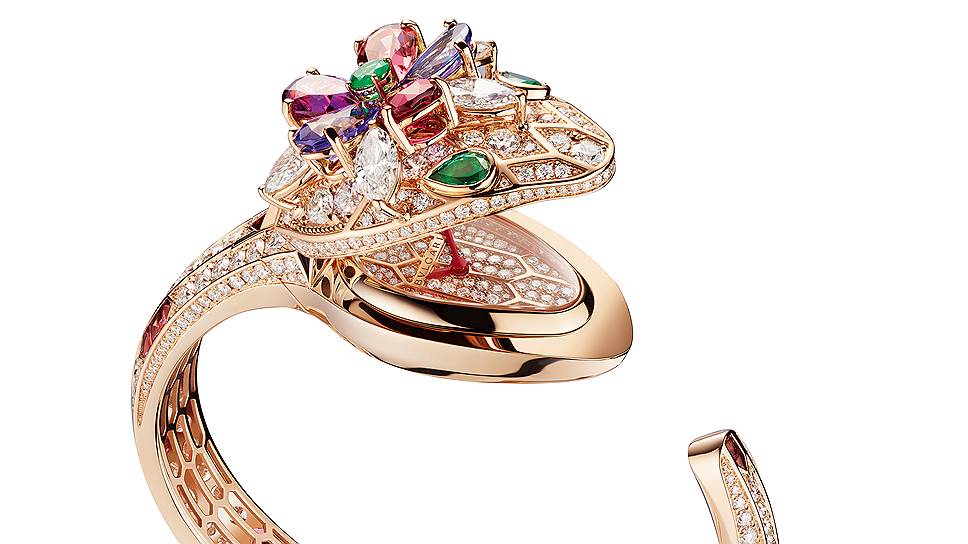Часы Serpenti, розовое золото, бриллианты, рубеллиты, турмалины, танзанит, фиолетовые гранаты, изумруды 
