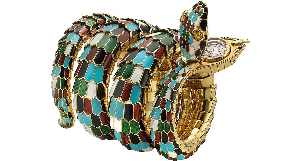 Часы Serpenti, золото, разноцветная эмаль, желтые бриллианты, 1967 год 
