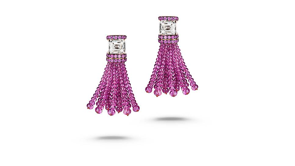 de Grisogono, серьги High Jewellery, розовое золото, два бриллианта (5,17 и 5,11 карата), бриллианты, розовые сапфиры, рубеллиты