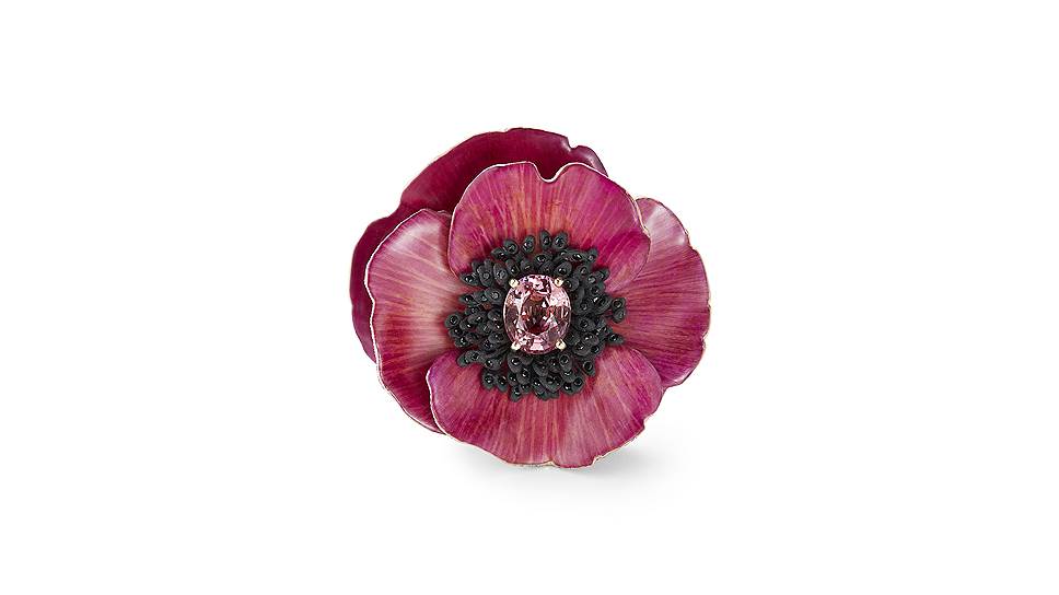 Кольцо Fleur Eternelle, лепестки цветов, розовое золото, титан, сапфир падпараджа (4,16 карата), черные шпинели, сапфиры 
