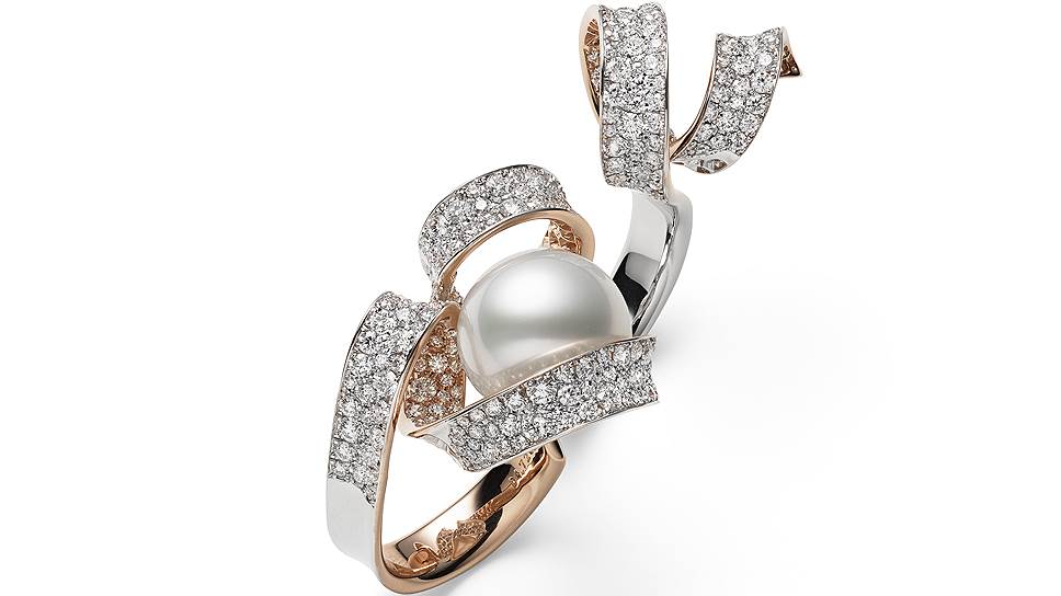 Mikimoto, кольцо Jeux de Rubans, розовое золото, жемчуг Южных морей, бриллианты