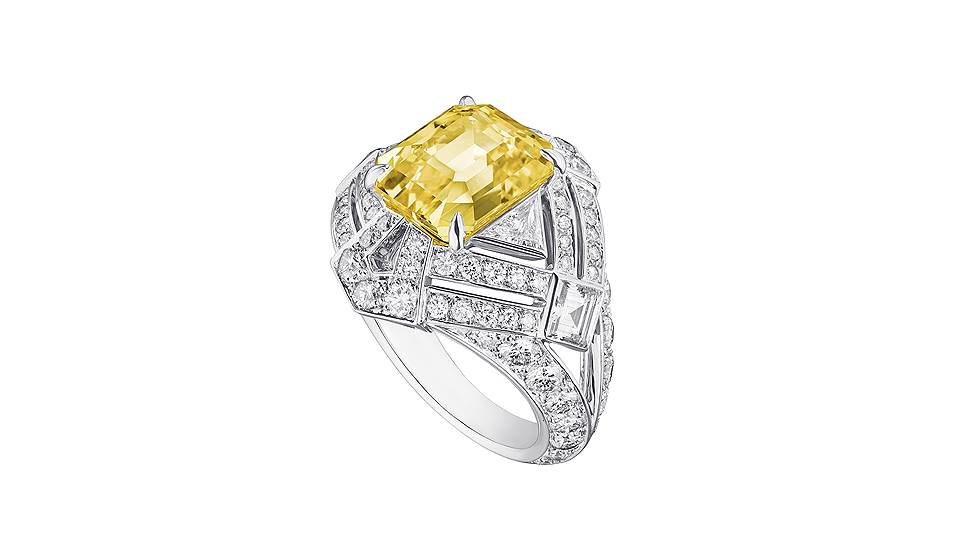 Louis Vuitton, кольцо Conquetes, белое золото, желтый сапфир, бриллианты 
