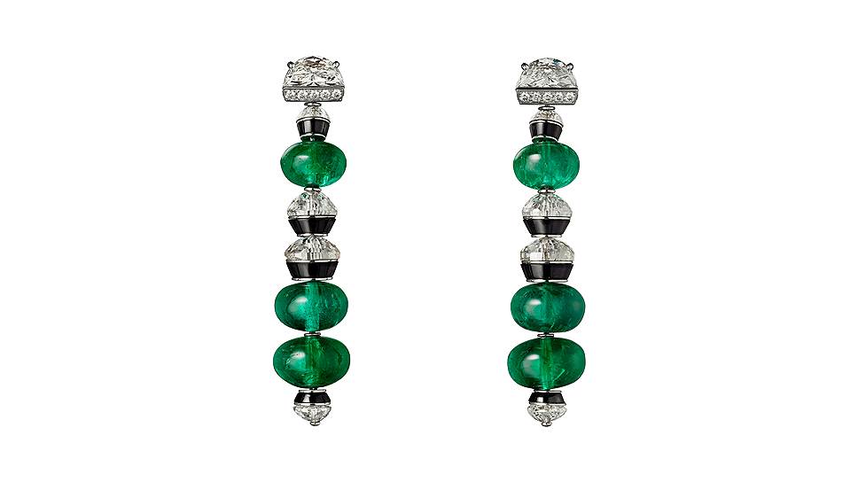 Cartier, серьги, белое золото, оникс, изумруды, бриллианты