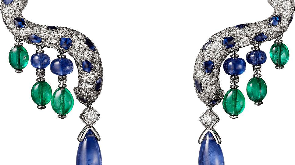 Cartier, серьги Coloratura, платина, два бирманских сапфира (общий вес 4,7 карата), изумруды, сапфиры, бриллианты