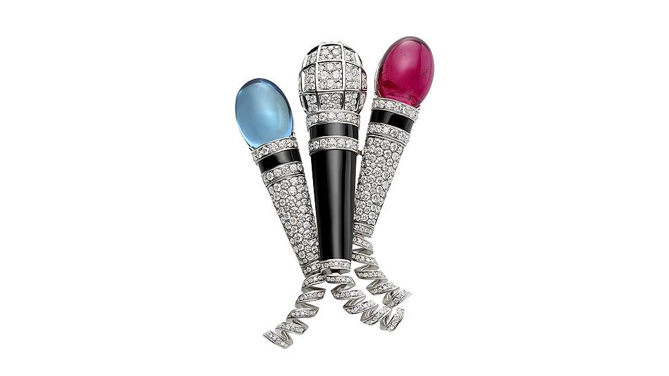 Bvlgari, брошь Pop Mics, белое золото, оникс, турмалин, рубеллит, аквамарин, бриллианты  