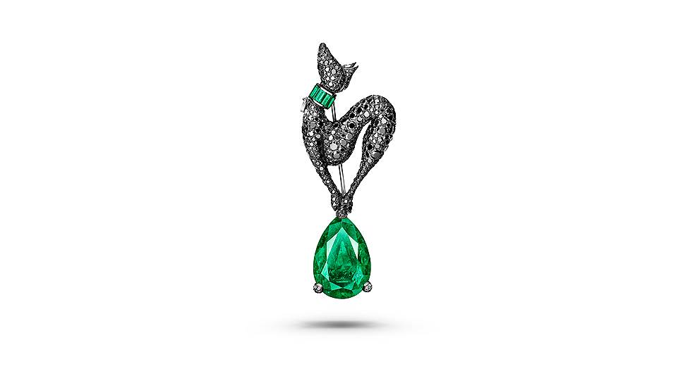de Grisogono, брошь High Jewellery, белое золото, грушевидный изумруд (19,69 карата), изумруды, черные бриллианты  