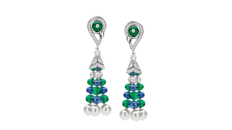 Bvlgari, серьги High Jewellery, белое золото, жемчуг Акойя, изумруды, сапфиры, бриллианты