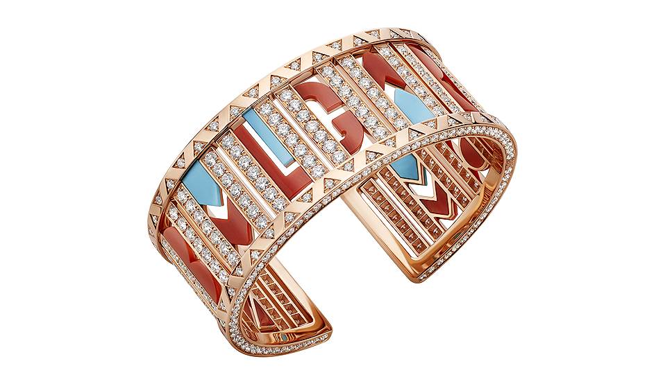 Bvlgari, браслет Logomania, розовое золото, коралл, бирюза, бриллианты