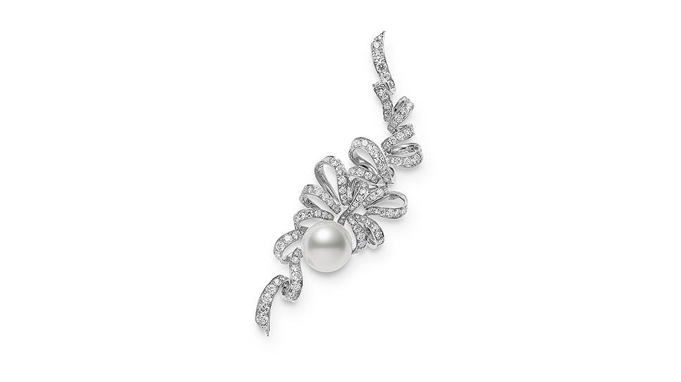Mikimoto, брошь Jeux de Rubans, белое золото, жемчуг Акойя, бриллианты  