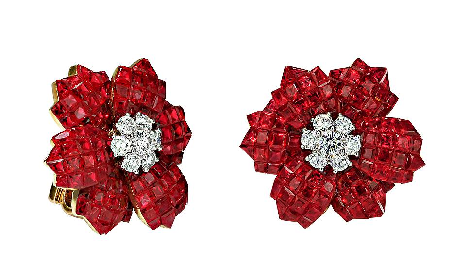 Jacob & Co, серьги Flower, белое золото, рубины, бриллианты  