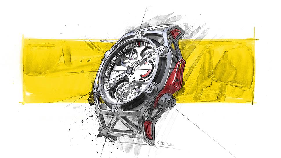 Эскиз часов Hublot Techframe Ferrari Tourbillon Chronograph. Часы состоят из 253 компонентов и имеют пятидневный запас хода