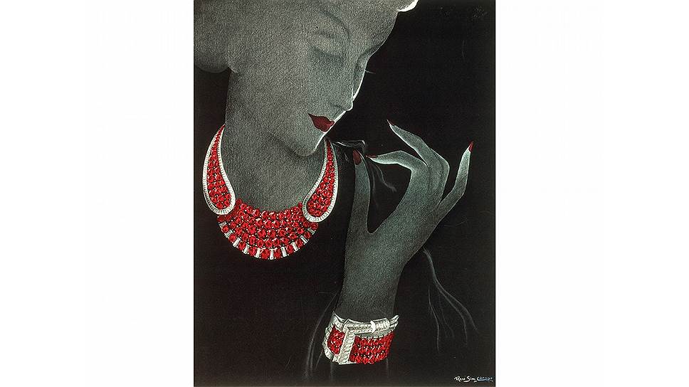 Иллюстрация: колье и браслет с рубинами, Рене Сим Лаказ, 1939 год