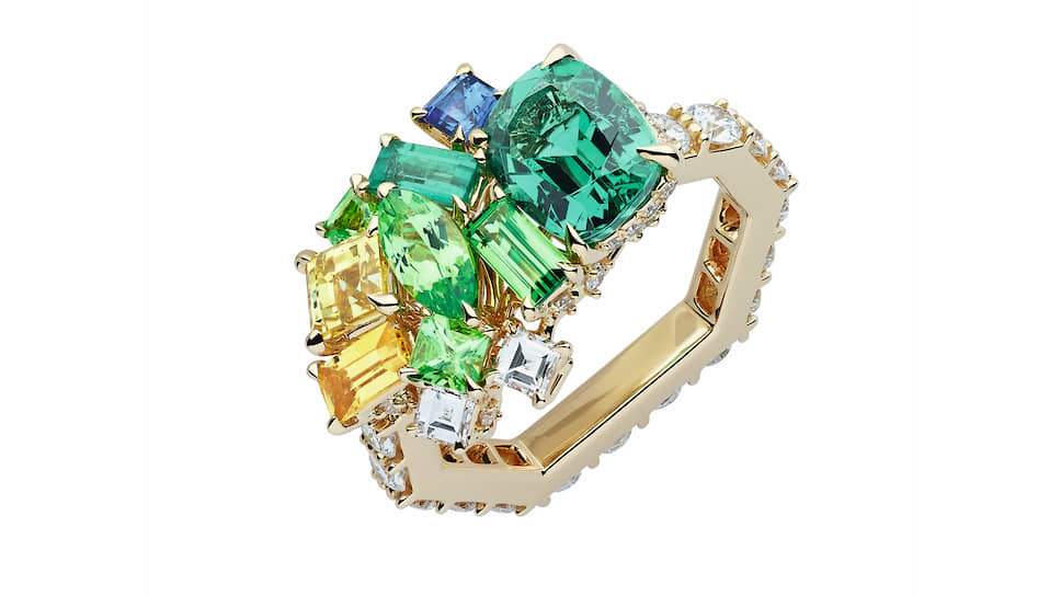 Dior Joaillerie, кольцо Vert Menthe, желтое золото, изумруды, цавориты, цветные сапфиры, бриллианты