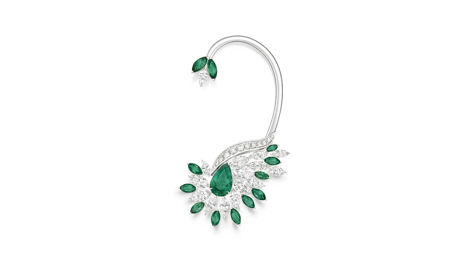 Piaget, моносерьга Vegetal Laces, белое золото, изумруды, бриллианты