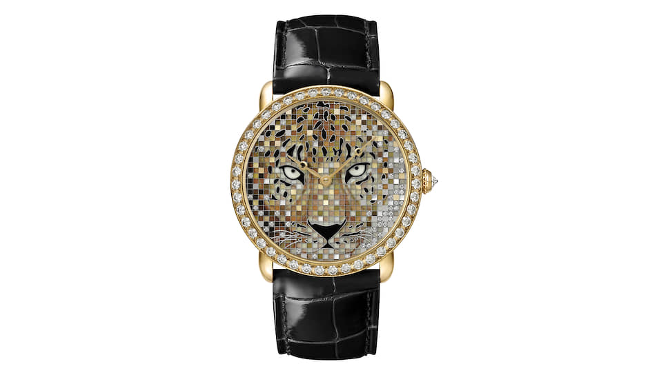 Cartier, часы Ronde Louis Cartier, Regard de Panthere, 36 мм, желтое золото, цветной люминесцентный перламутр, бриллианты, механизм с автоматическим подзаводом