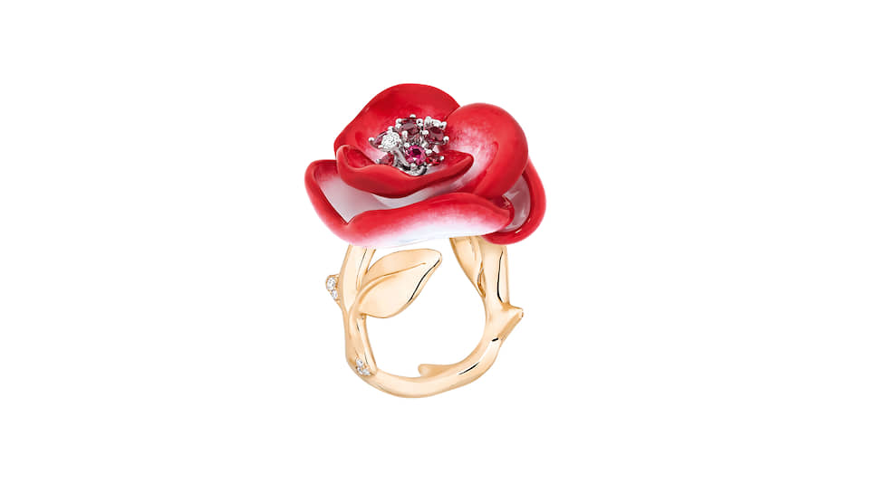 Кольцо Rose Dior Pop, розовое и белое золото, лак, рубины, красные шпинели, бриллианты