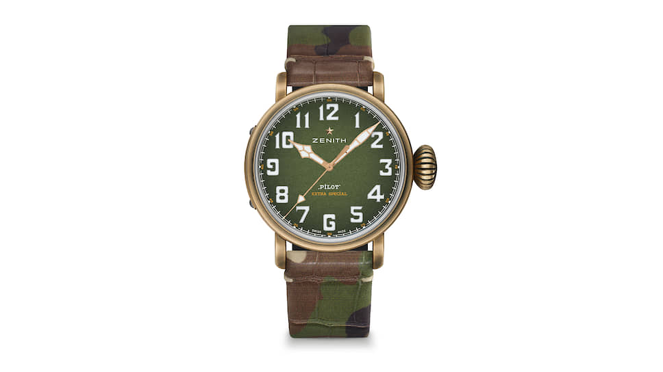 Pilot Type 20 Adventure, бронзовый корпус 45 мм с натуральной патиной, механизм Elite 679 с автоматическим подзаводом, арабские цифры, полностью выполненные из люминесцентного материала Super Luminova, запас хода 50 часов, тканевый ремешок цвета хаки с каучуковой подкладкой