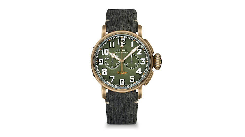 Pilot Type 20 Chronograph Adventure, бронзовый корпус 45 мм с натуральной патиной, автоматический хронограф El Primero с колонным колесом, арабские цифры, полностью выполненные из люминесцентного материала Super Luminova, запас хода 50 часов, ремешок из кожи теленка с каучуковой подкладкой