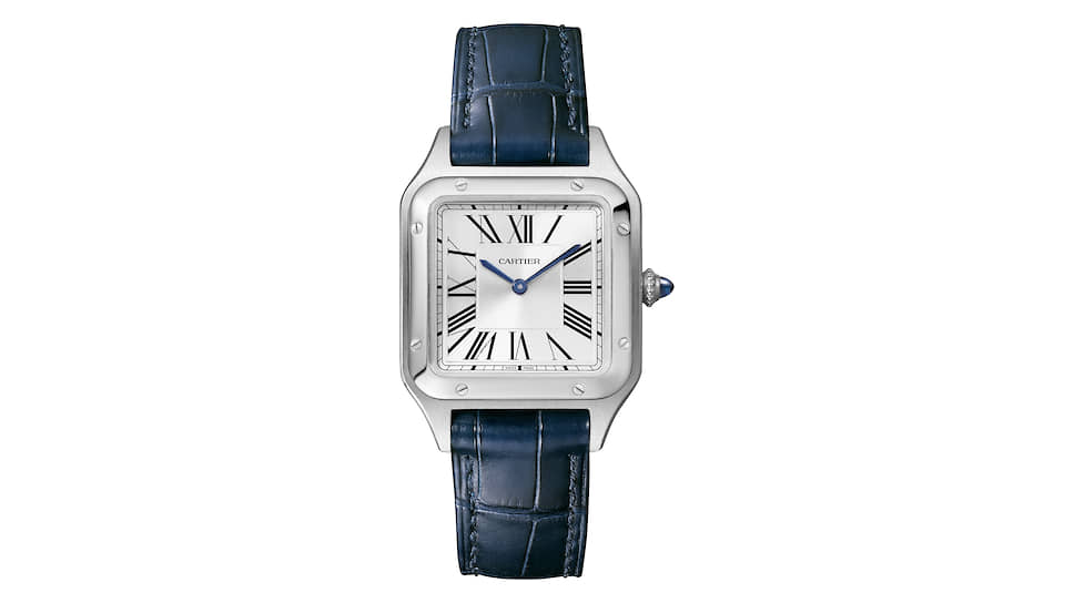 Cartier Santos-Dumont в стали, с голубым ремешком из кожи аллигатора. Маленькая модель