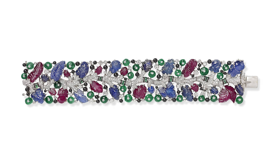 Браслет Tutti Frutti, платина, бриллианты, сапфиры, рубины, изумруды, оникс, черная эмаль, 1925 год