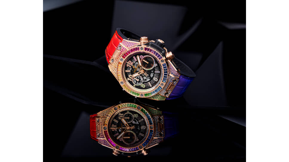 Big Bang Unico Rainbow, 45 мм, золото King Gold, рубины, аметисты, топазы, цавориты, розовые, синие, желтые и оранжевые сапфиры, механизм с автоматическим подзаводом, запас хода 72 часа
