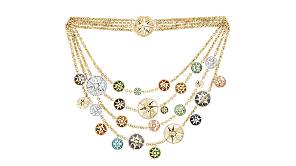 Колье-пластрон Rose des Vents, желтое и белое золото 18 карат, бриллианты и полудрагоценные камни