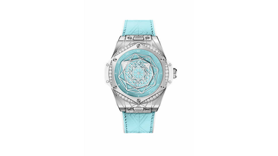 Big Bang One Click Sang Bleu Steel Turquoise, Hublot, 39 мм, сталь, бриллианты, механизм с автоматическим подзаводом, запас хода 50 часов