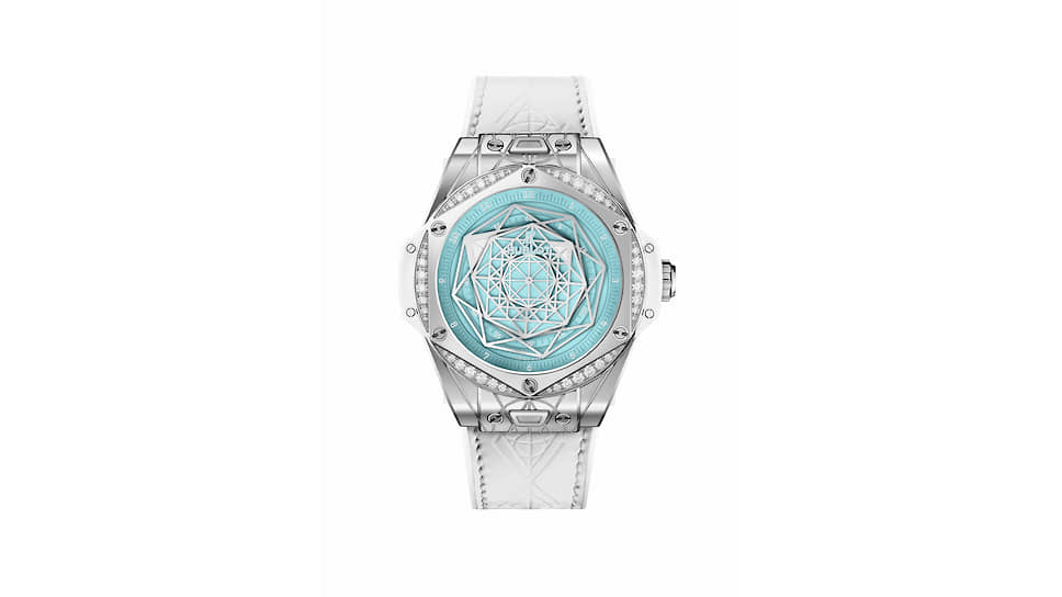 Big Bang One Click Sang Bleu Steel Turquoise, Hublot, 39 мм, сталь, бриллианты, механизм с автоматическим подзаводом, запас хода 50 часов