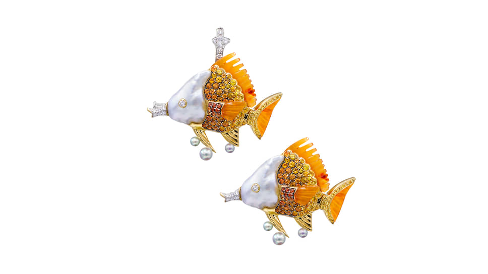 Броши Butterfly Fish, желтое и белое золото, жемчуг, бриллианты, сапфиры