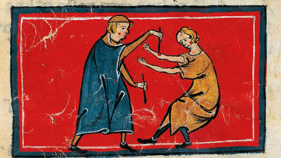 Прижигание ран. Миниатюра из «Хирургии» Роджера Салернского, Франция, XIV век