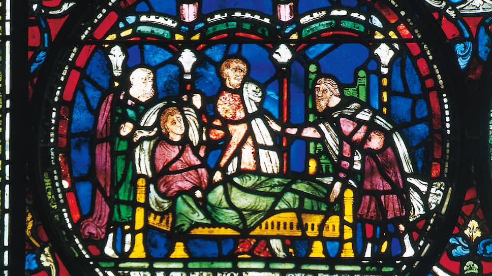 Врачебный консилиум у постели больного. Витраж Кентерберийского собора, XIV век
