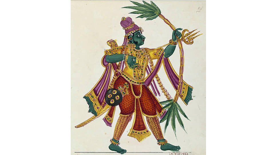 Изображение индуистского бога любви Камы (первая четверть XIX века). Иногда Каму рисуют на колеснице, запряженной попугаями, или сидящим верхом на попугае, но главный его атрибут — лук с цветочными стрелами, олицетворение связи между преподнесением цветов и влюбленностью