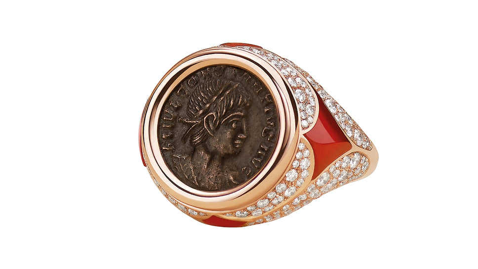Кольцо Monete, розовое золото, античная монета, сердолик, бриллианты