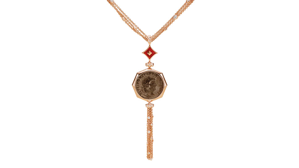 Колье Monete, розовое золото, античная монета, сердолик, бриллианты