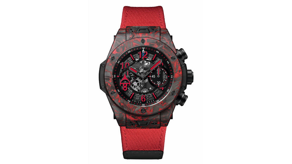 Hublot Big Bang Unico Red Carbon Alex Ovechkin. Корпус 45 мм из углеволокна, композитный материал, красно-черный ремешок из ткани на каучуковой подкладке, ограниченная серия 100 экземпляров

