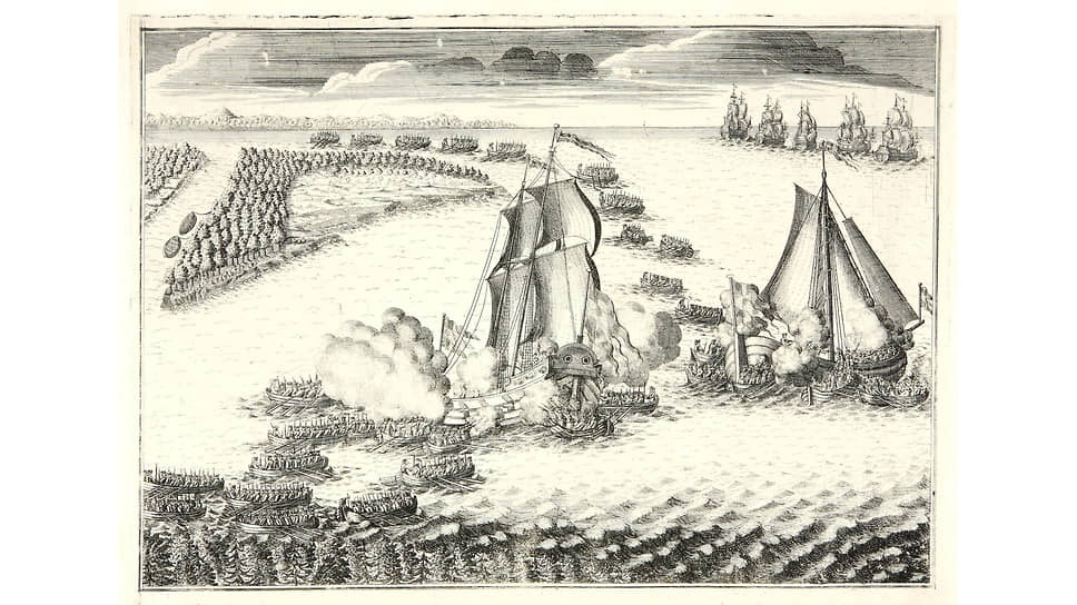Бой в устье Невы 7 (18) мая 1703 года иногда называют первым сражением русского флота. Гравюра Алексея Зубова. 1726 год