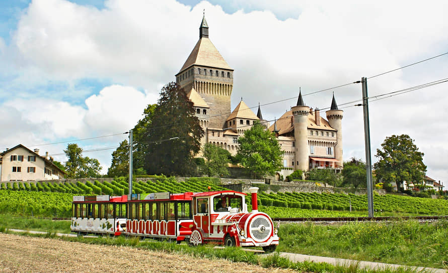 Морж, маленький туристический поезд на местных виноградниках, на заднем плане – замок Моржа