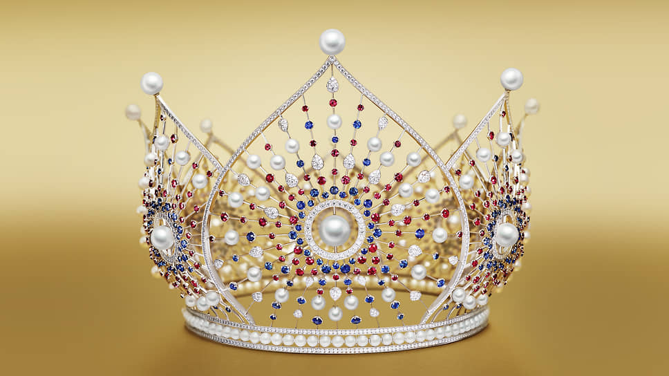 Корона «Мисс Россия», белое золото, жемчуг, бриллианты, рубины, сапфиры