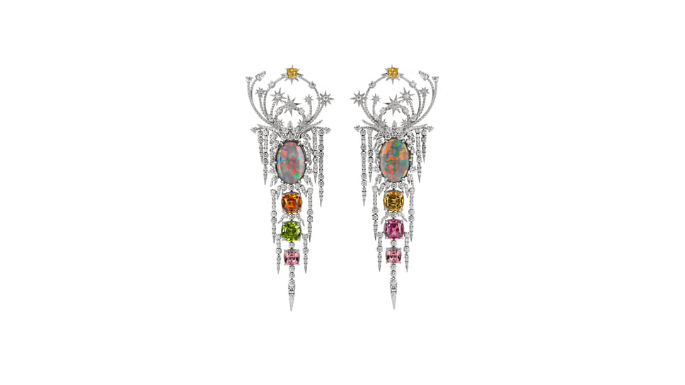 Gucci, серьги Hortus Deliciarum, белое золото, опалы, топазы, шпинели, гранаты, перидоты, бриллианты