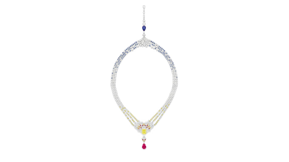 Piaget, колье-трансформер Extraordinary Lights, белое золото, центральные желтый бриллиант (8,88 карата) и шпинель (3,61 карата), желтые и бесцветные бриллианты, шпинели, разноцветные сапфиры