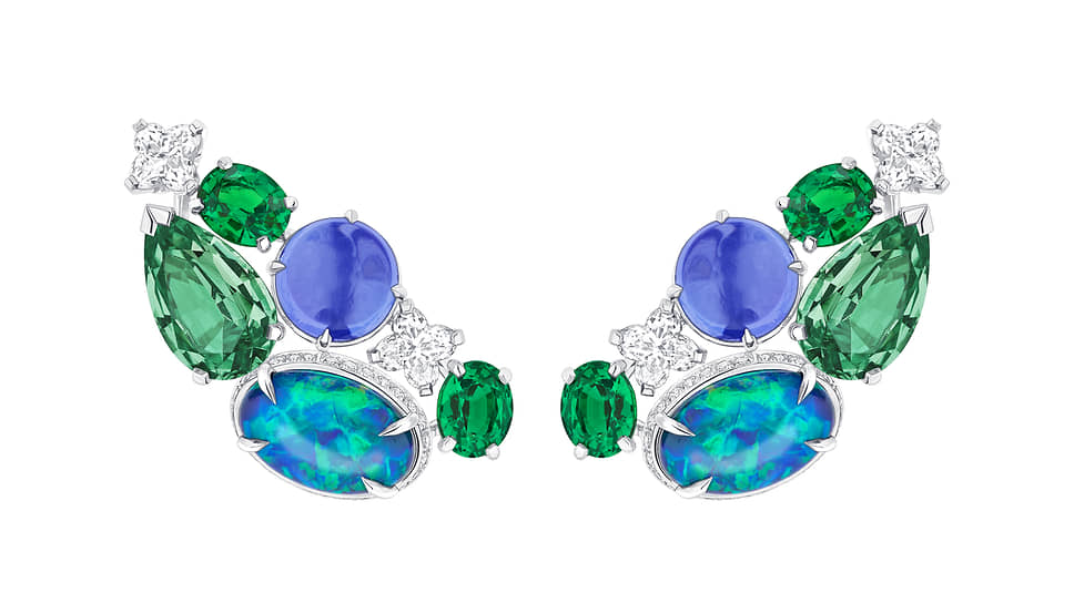 Louis Vuitton, серьги Constellation d’Hercule, белое золото, платина, опалы, цавориты, танзаниты, бриллианты
