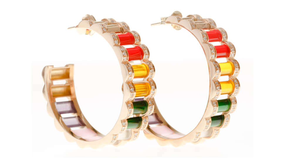 L’Atelier Nawbar, серьги Amulet Hoops, розовое золото, бриллианты, агат, турмалины, горный хрусталь, янтарь, аметисты