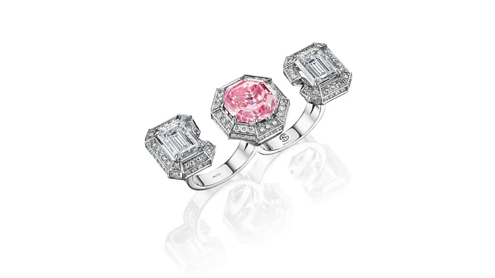 Shiphra, кольцо, белое золото, искусственные розовый и бесцветные бриллианты