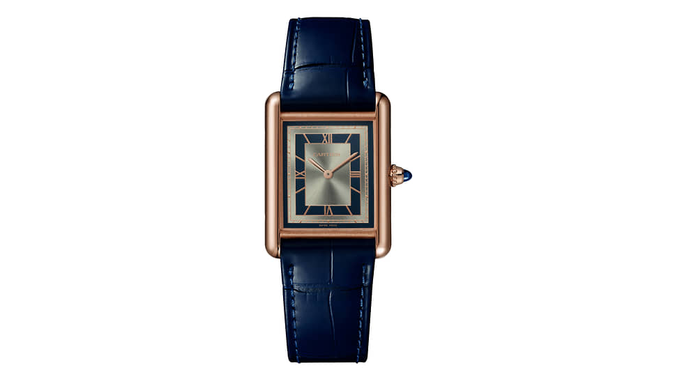 Cartier Tank Louis Cartier. Корпус из желтого золота. Циферблат с синим цветом, синий ремешок