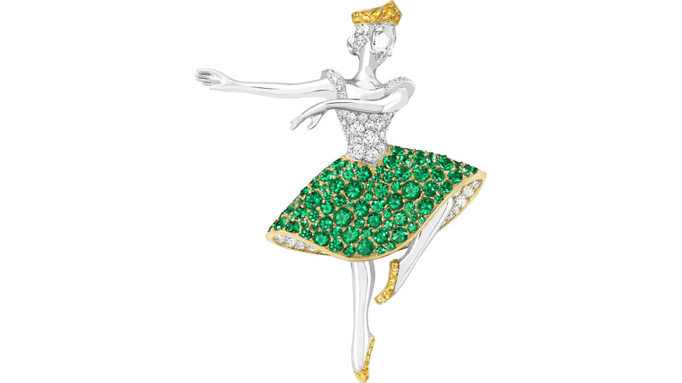Брошь Camille, Van Cleef & Arpels, белое и желтое золото, изумруды, желтые сапфиры, бриллианты