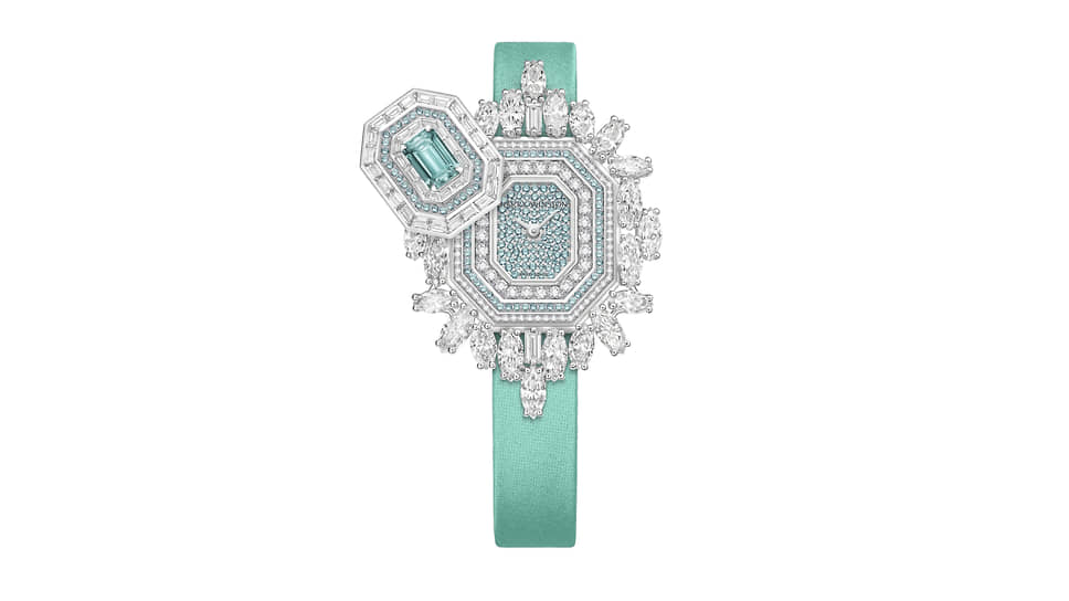 Часы Ultimate Emerald Signature, Harry Winston, 32 x 46 мм, белое золото, турмалины параиба, бриллианты, кварцевый механизм
