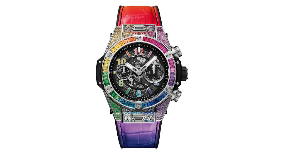 Часы Big Bang Unico Titanium Rainbow, Hublot, 45 мм, титан, рубины, аметисты, топазы, цавориты, розовые, желтые, оранжевые и синие сапфиры, механизм с автоматическим подзаводом