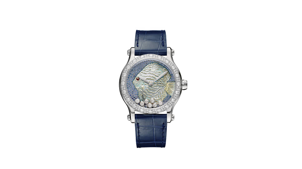 Часы Happy Fish, Chopard, 36 мм, белое золото, перламутр, сапфиры, бриллианты, механизм с автоматическим подзаводом
