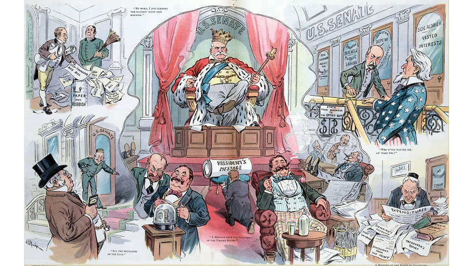 Влияние Нельсона Олдрича в финансовой сфере наглядно отражено на этой карикатуре, где он изображен как «Король Сената». Маленькая коленопреклоненная фигурка — президент США