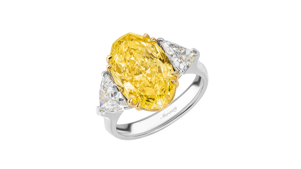 Кольцо, белое и желтое золото, бесцветные и желтый бриллиант